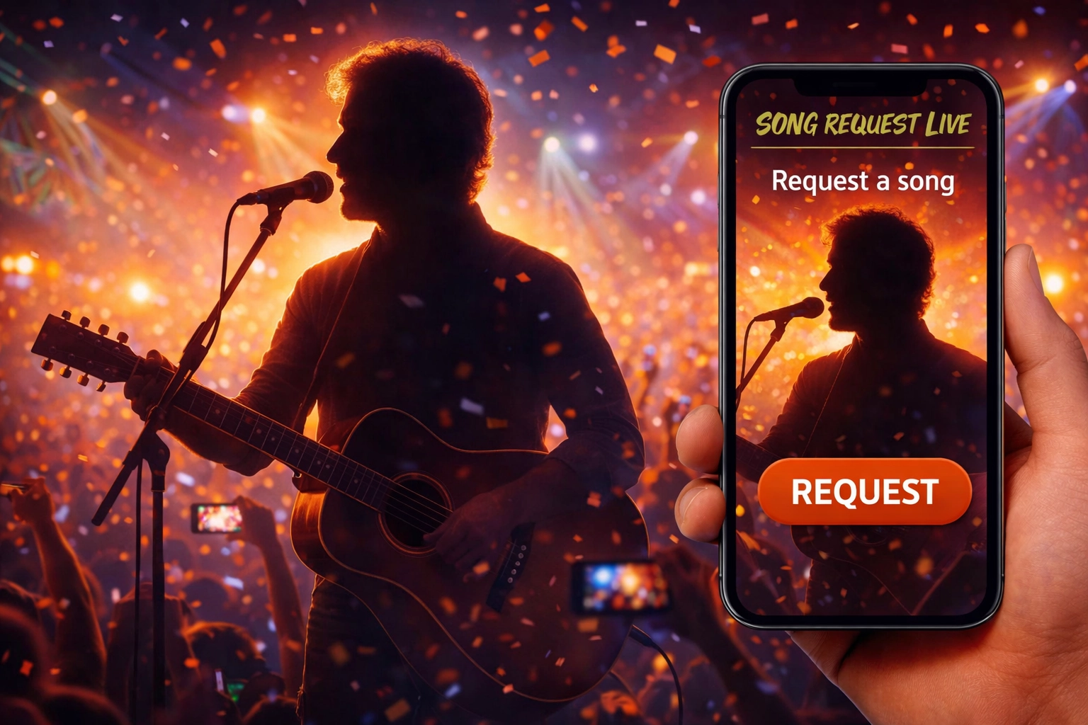 Live band performing on stage while fans request songs using a QR code on their phones with Song Request Live