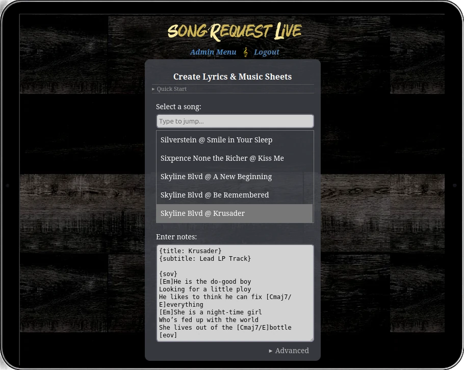 Create SRL Song Notes by formatting plain text lyrics into ChordPro-style lyrics, chords, and music sheets for the Stage Console