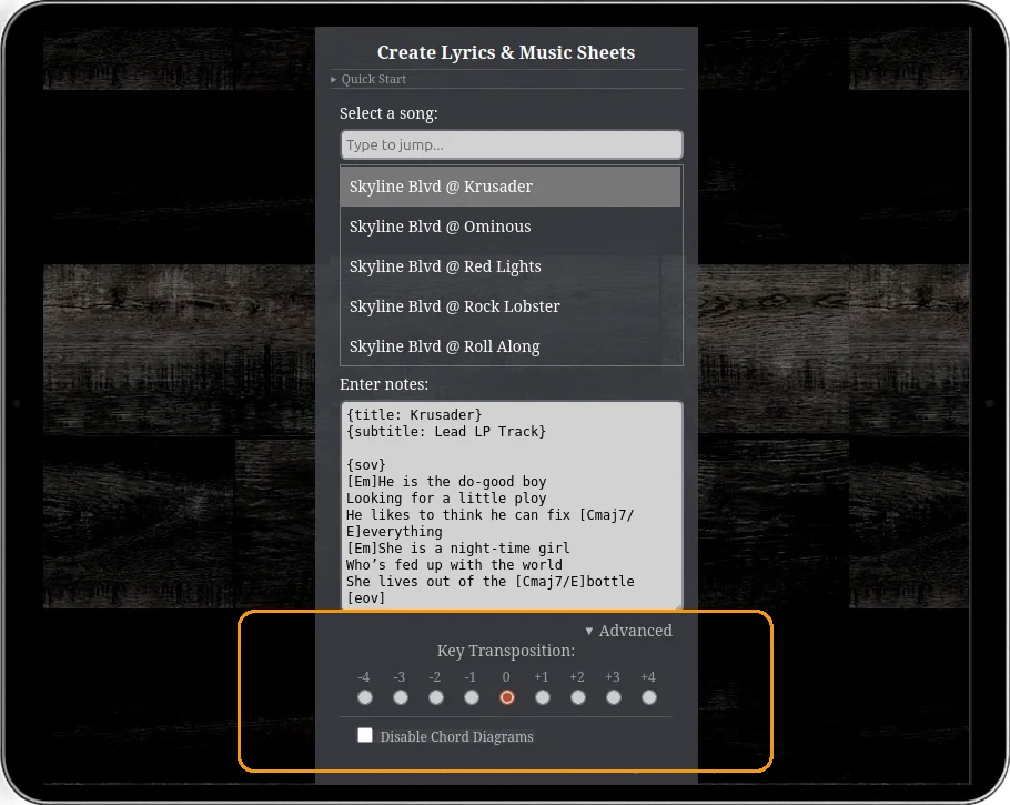 SRL Song Notes editor featuring key transposition, chord diagrams, lyrics, chords, and live performance music sheets