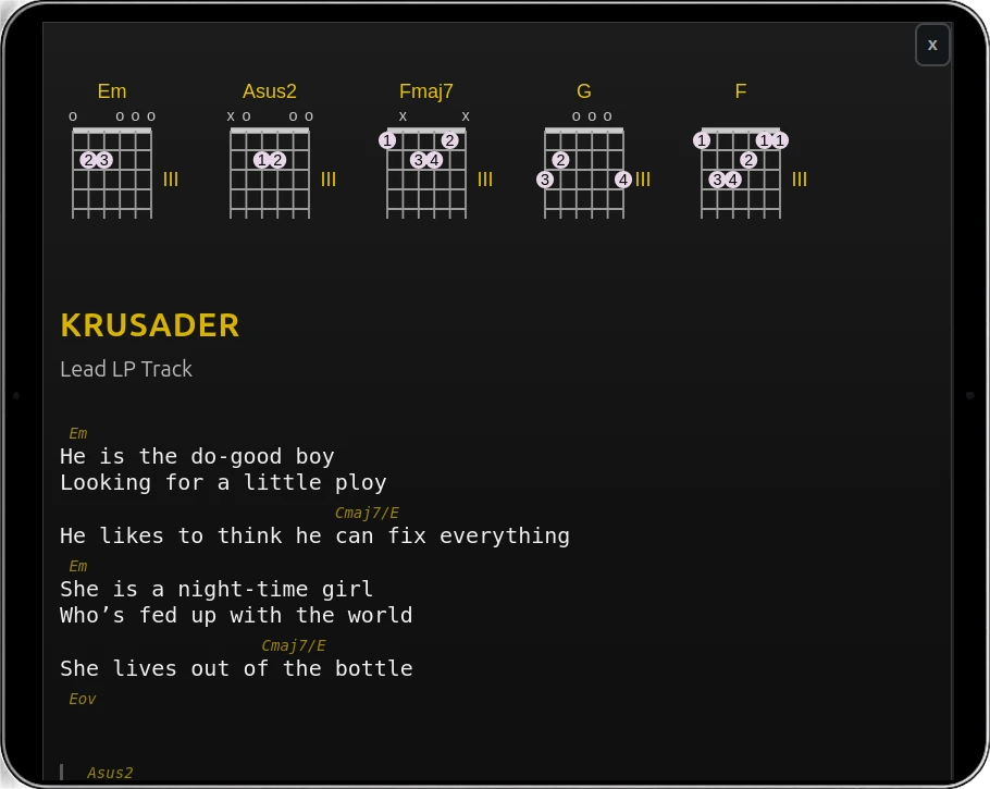 Hands-Free Song Notes with lyrics, chords, chord diagrams, and performance notes accessed using Bluetooth pedal control