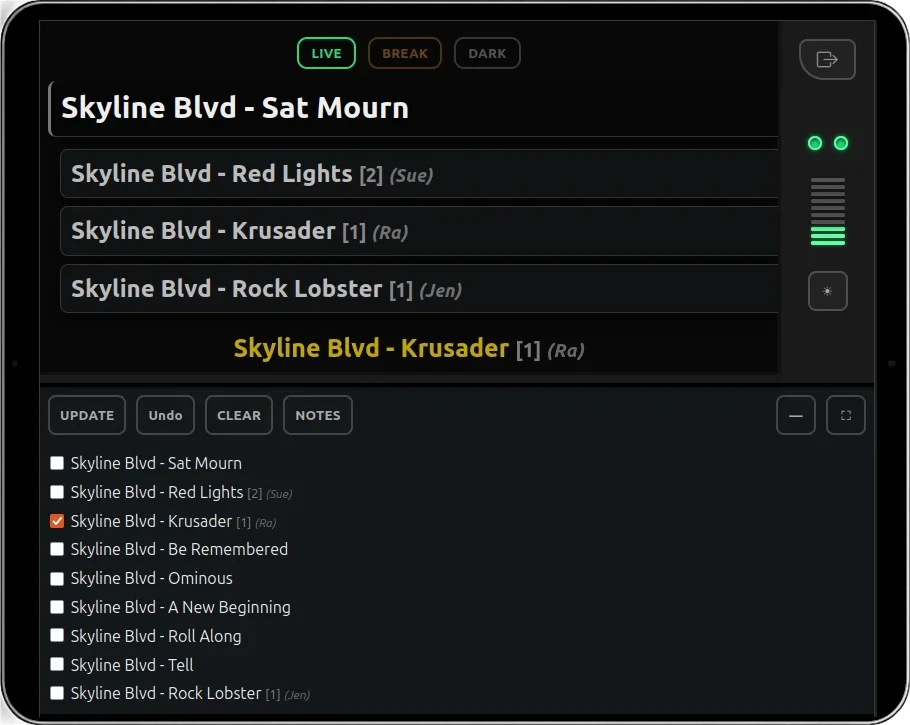 Hands-Free setlist and audience request navigation for musicians using the SRL Stage Console and dual Bluetooth pedal control