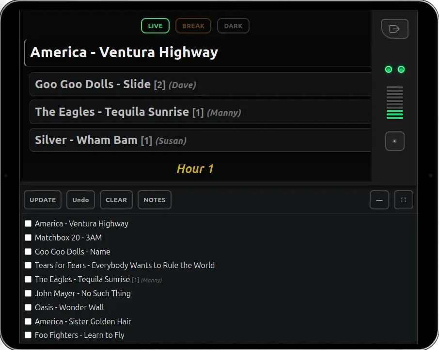 Audience song requests appearing on phones and the Song Request Live Stage Console