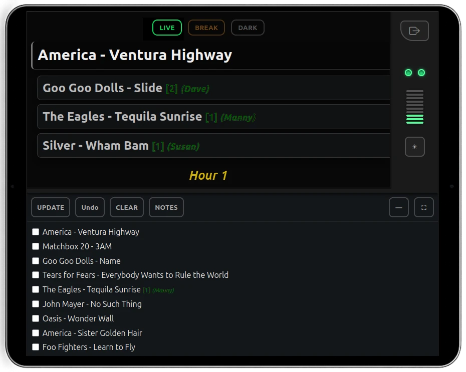Hands-Free setlist and audience request navigation for musicians using the SRL Stage Console and dual Bluetooth pedal control