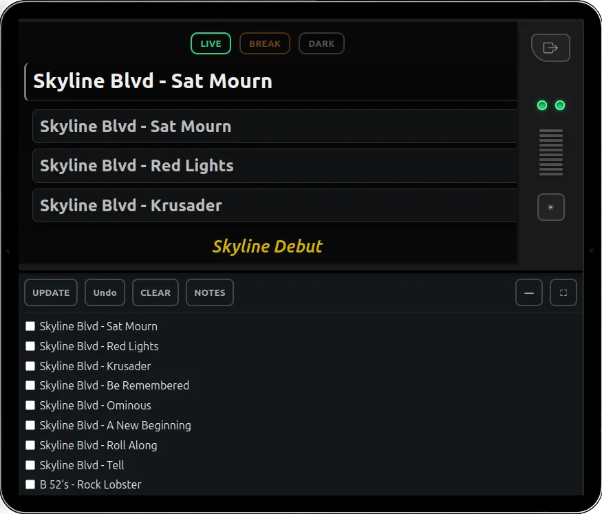 Stage Console displaying the setlist loaded from an active Gig Profile