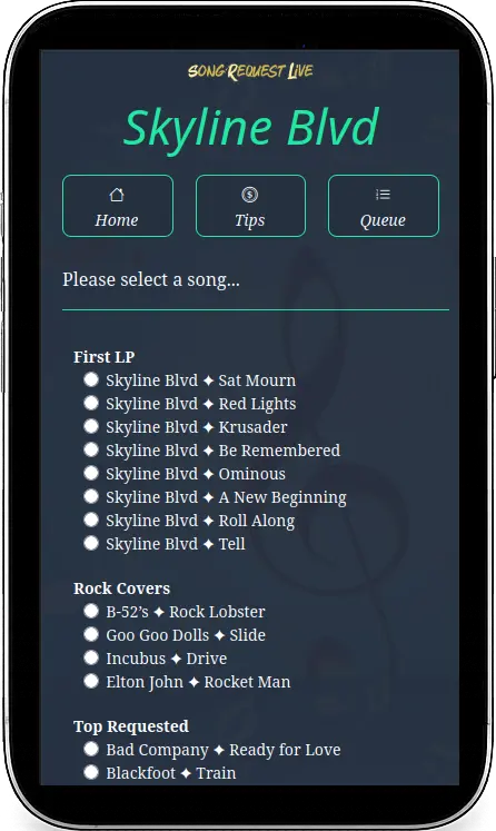 Mobile audience request page showing request categories selected from a Gig Profile