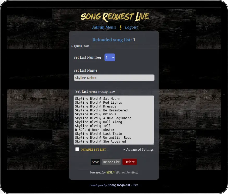 Gig Profile setup page showing imported setlists and request categories