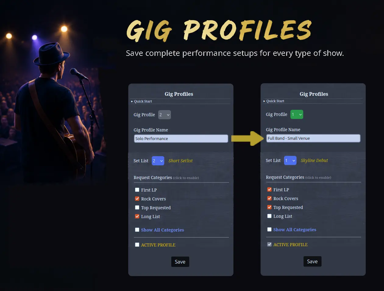 Gig Profiles in Song Request Live showing two performance setups connected by an arrow