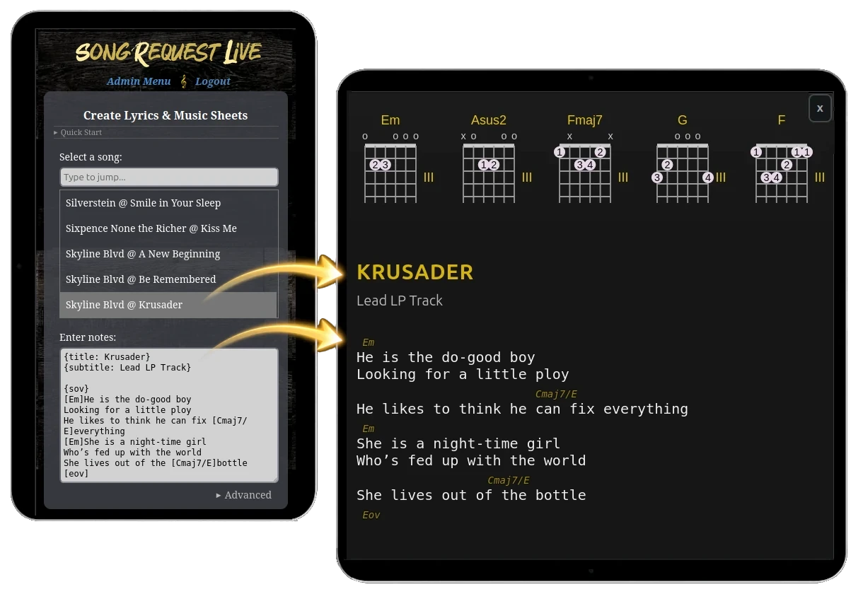 Create SRL Song Notes by formatting plain text lyrics into ChordPro-style lyrics, chords, and music sheets for the Stage Console