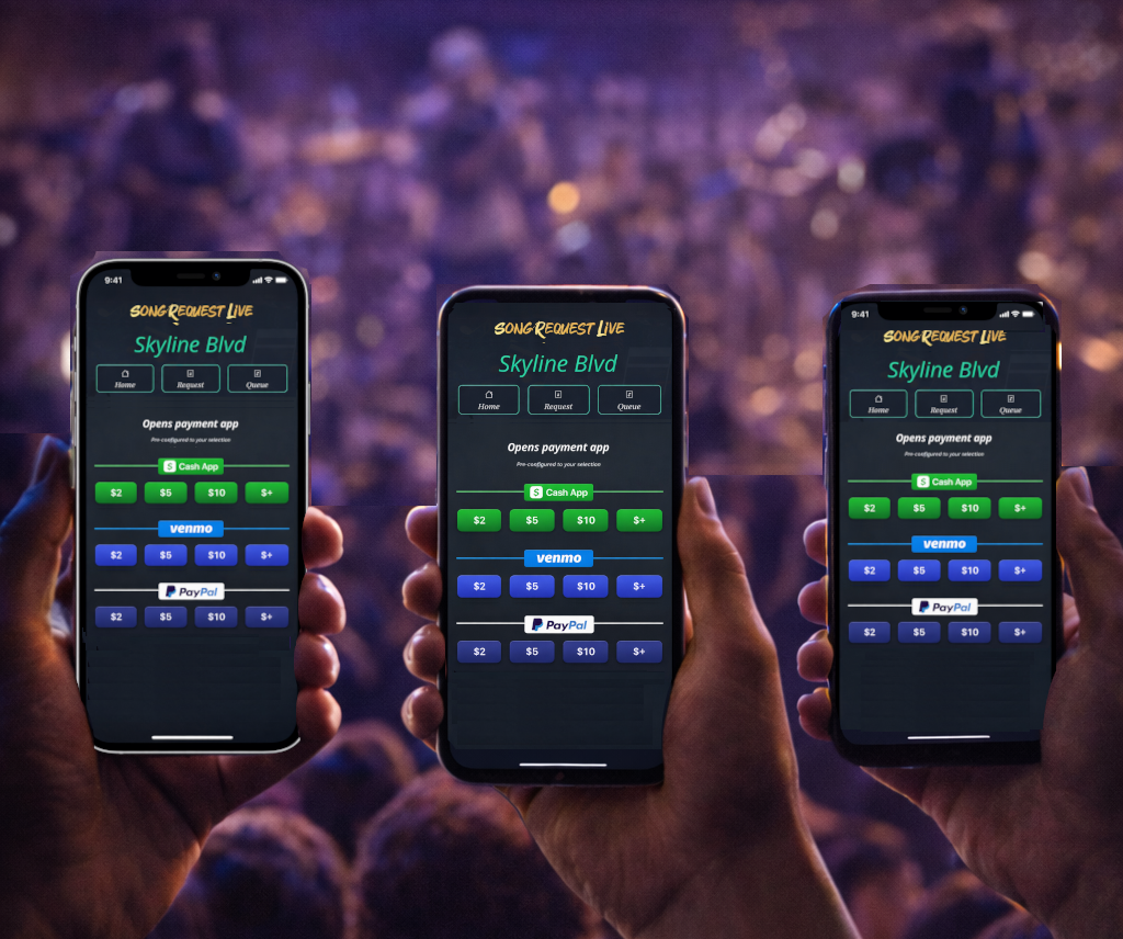 Audience tipping a live performer using Song Request Live mobile tip buttons in three clicks