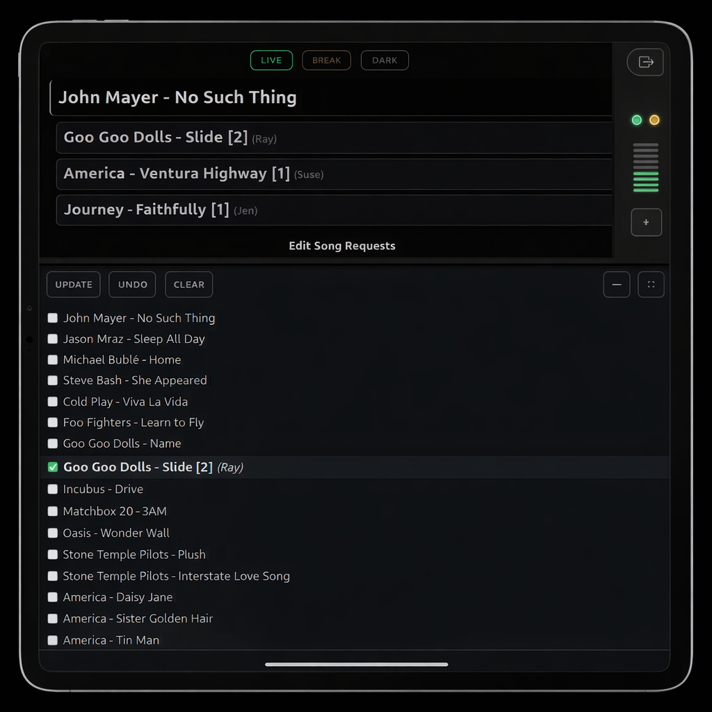 Song Request Live Stage Console displaying performer setlist and incoming requests