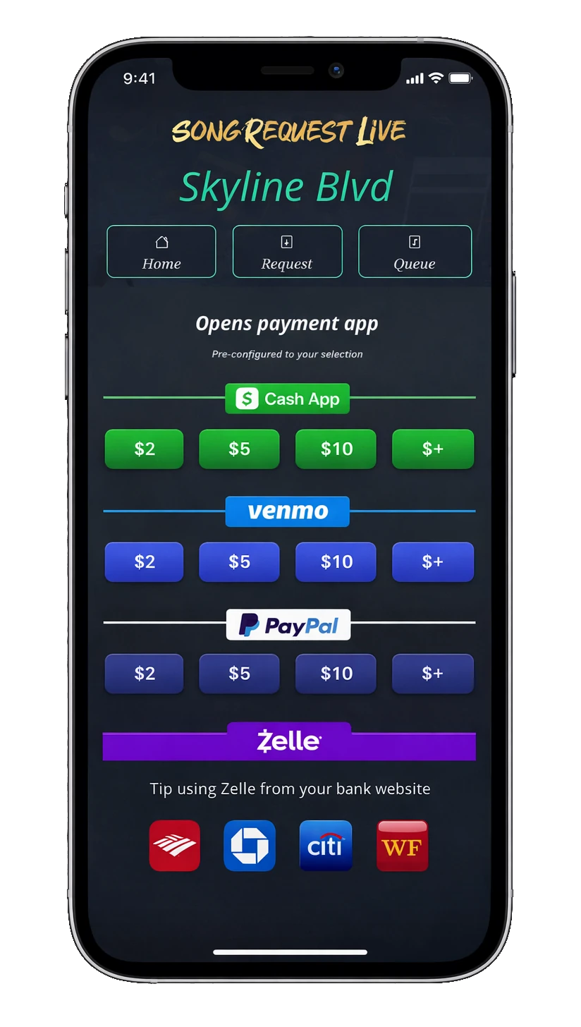 Audience member tipping a performer using Song Request Live mobile tip buttons