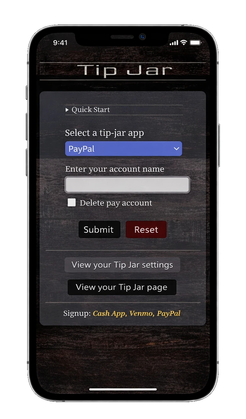 Song Request Live tip jar setup screen for configuring Cash App Venmo and PayPal tipping