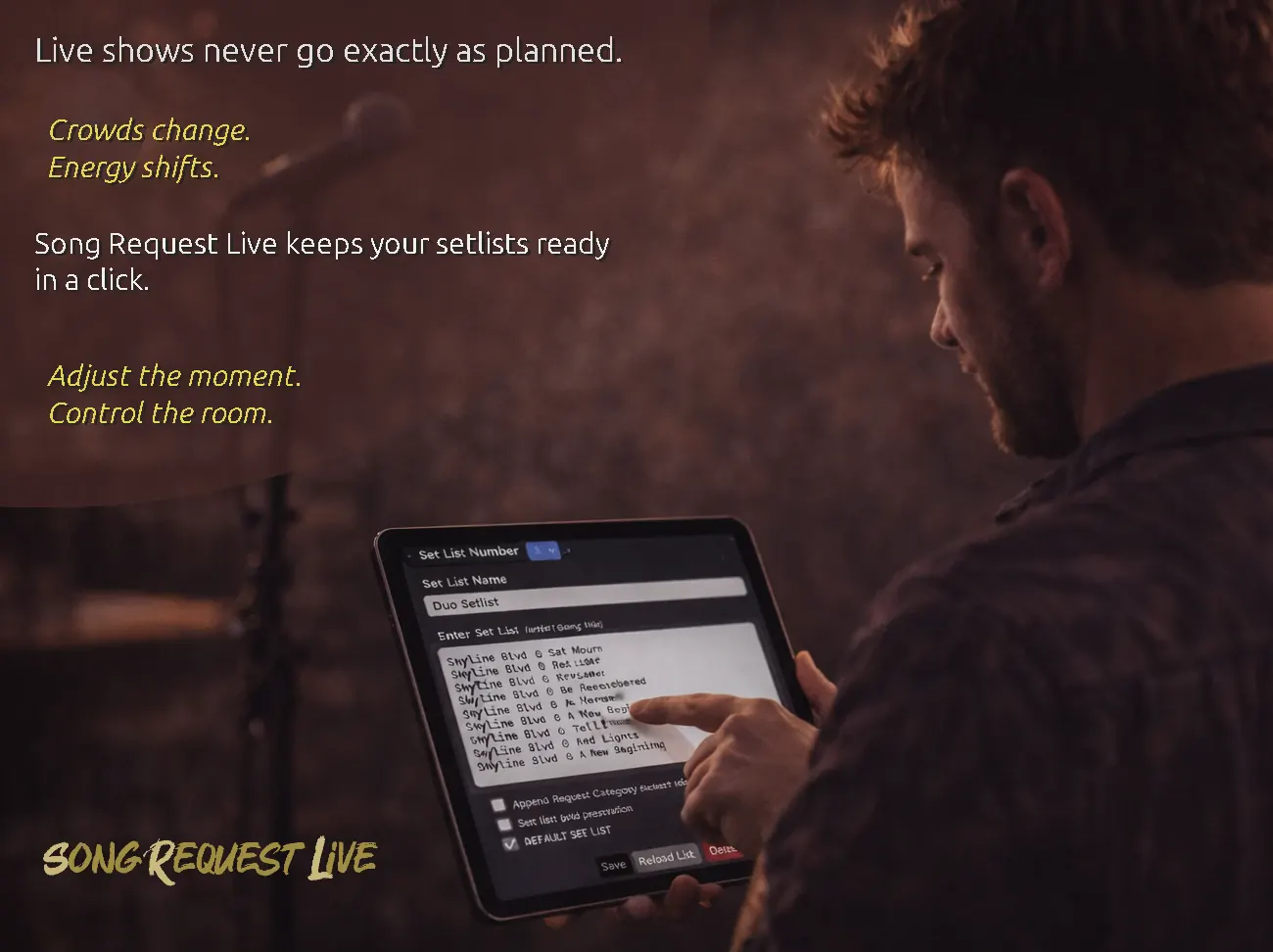 Musician selecting setlists and managing song requests using the Song Request Live Stage Console