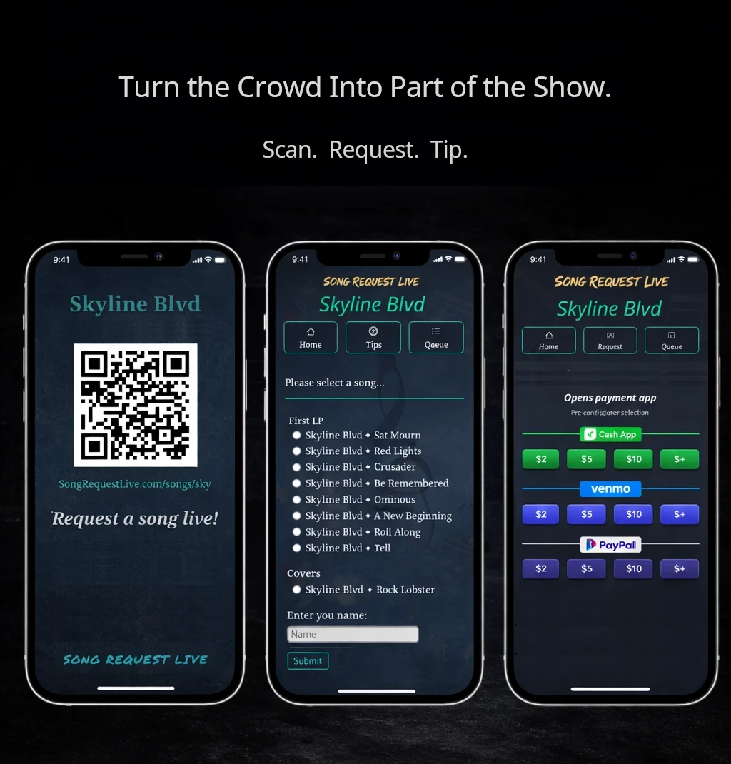 Audience requesting songs and tipping a live musician using Song Request Live