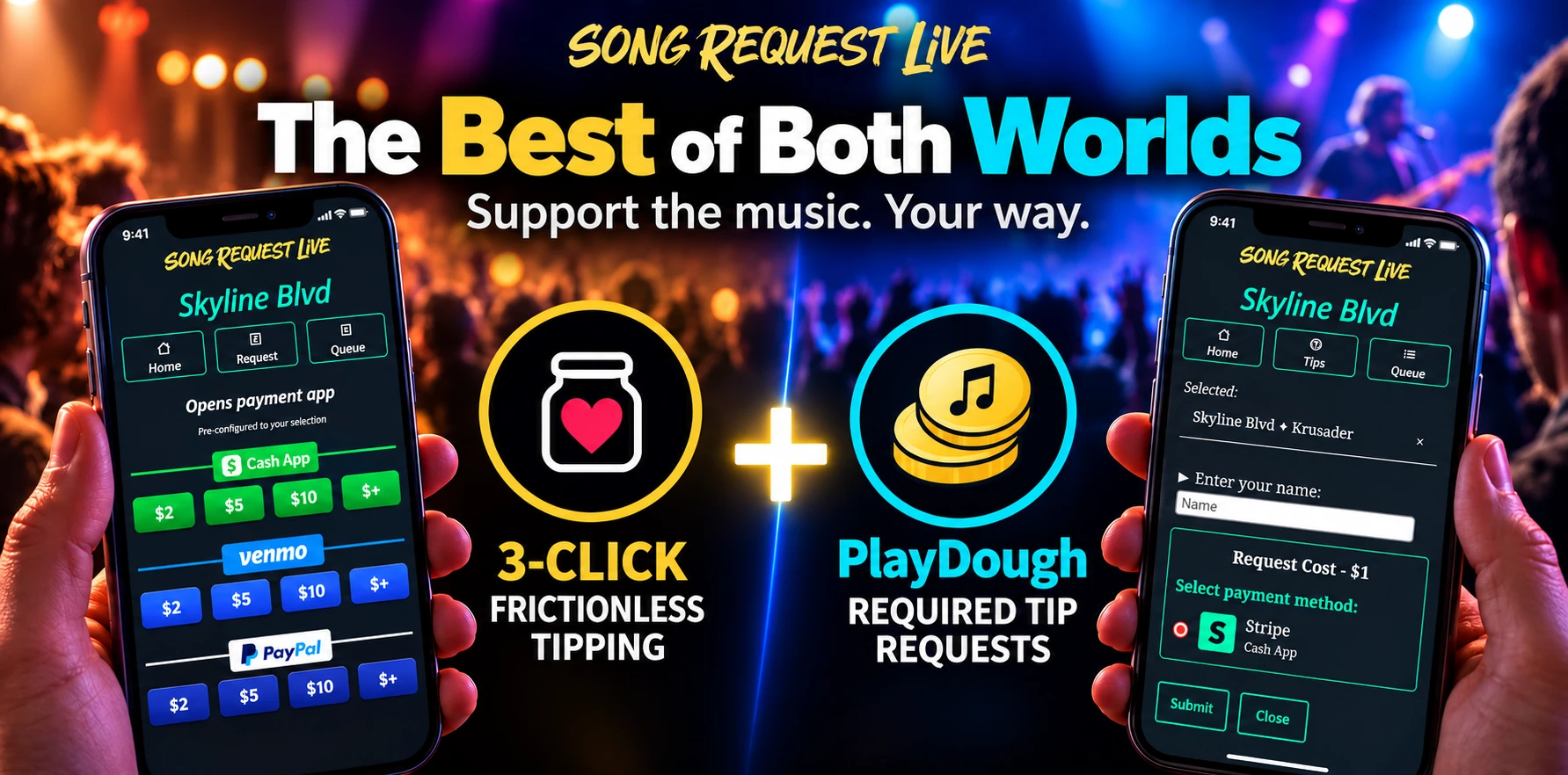 Song Request Live showing 3-click voluntary tipping and PlayDough required tips for song requests