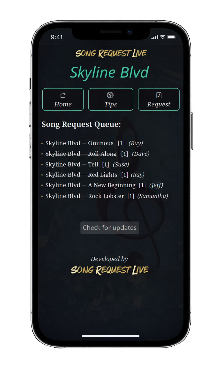 Mobile song request list interface for audiences using Song Request Live