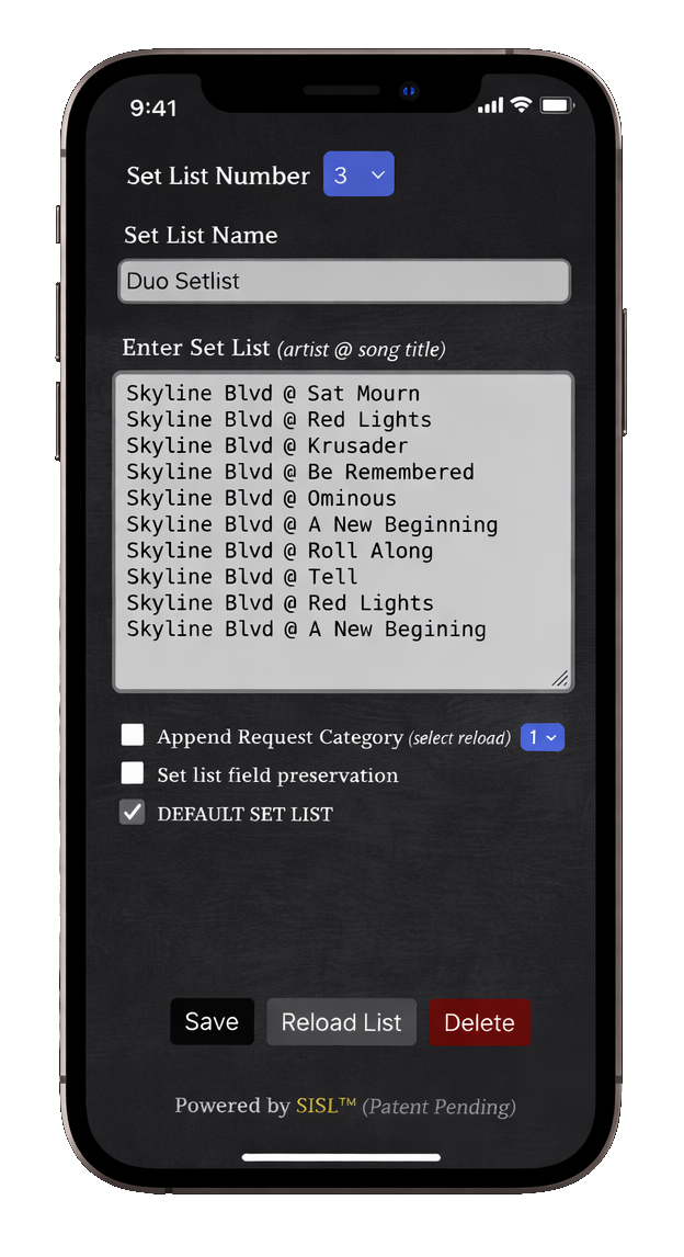 Mobile interface for selecting different performer setlists in Song Request Live