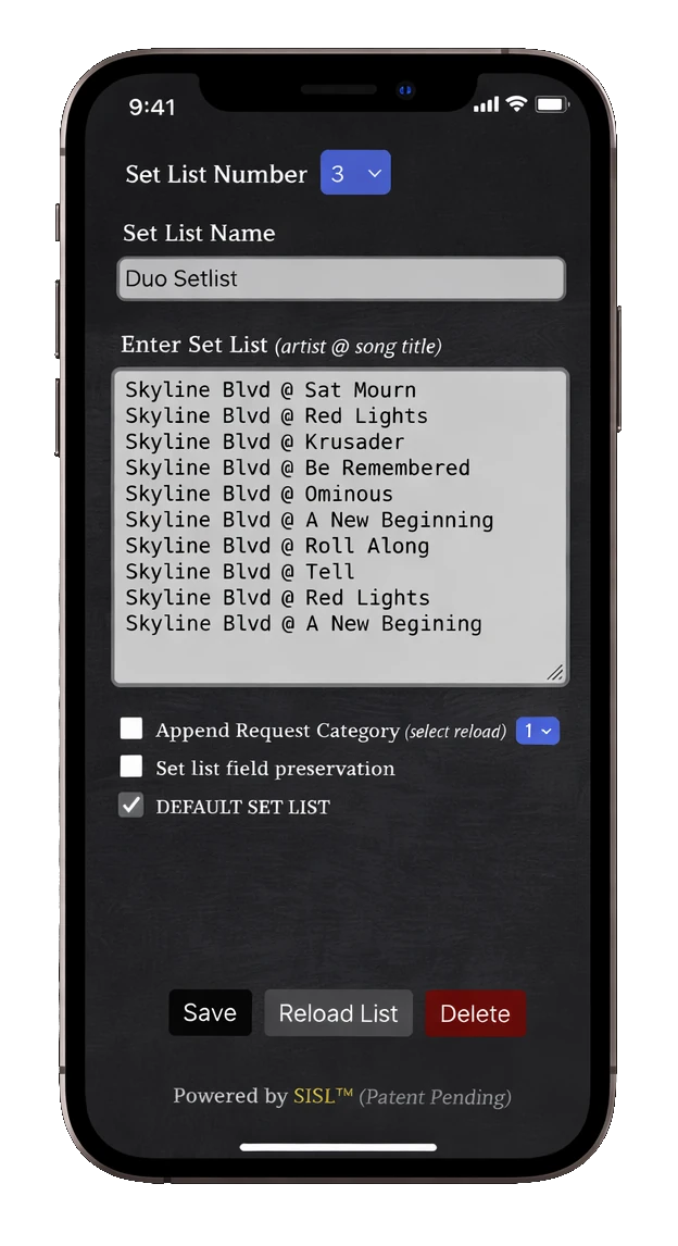 Mobile interface for selecting different performer setlists in Song Request Live