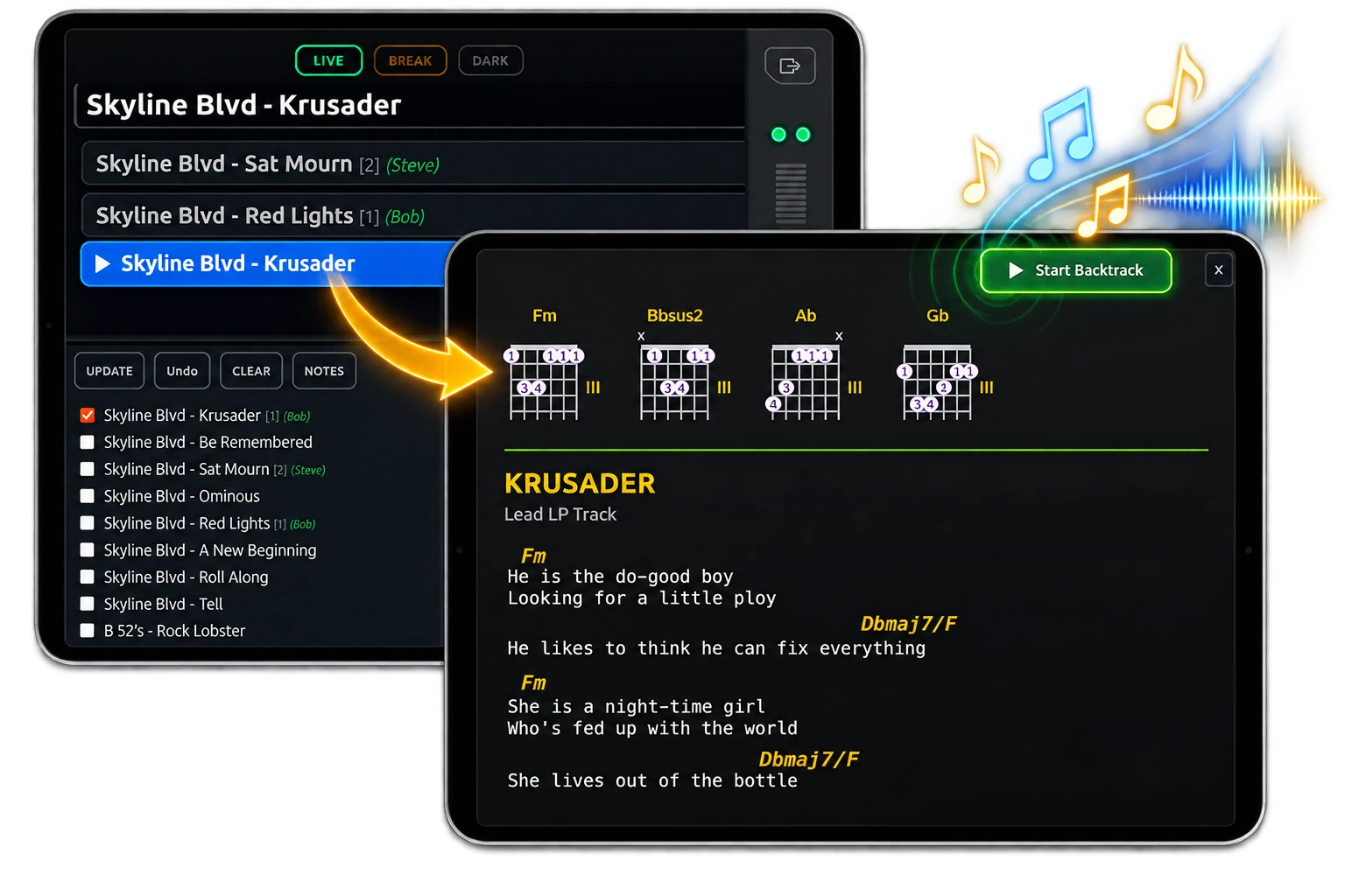 SRL Song Notes with integrated performance Back Track