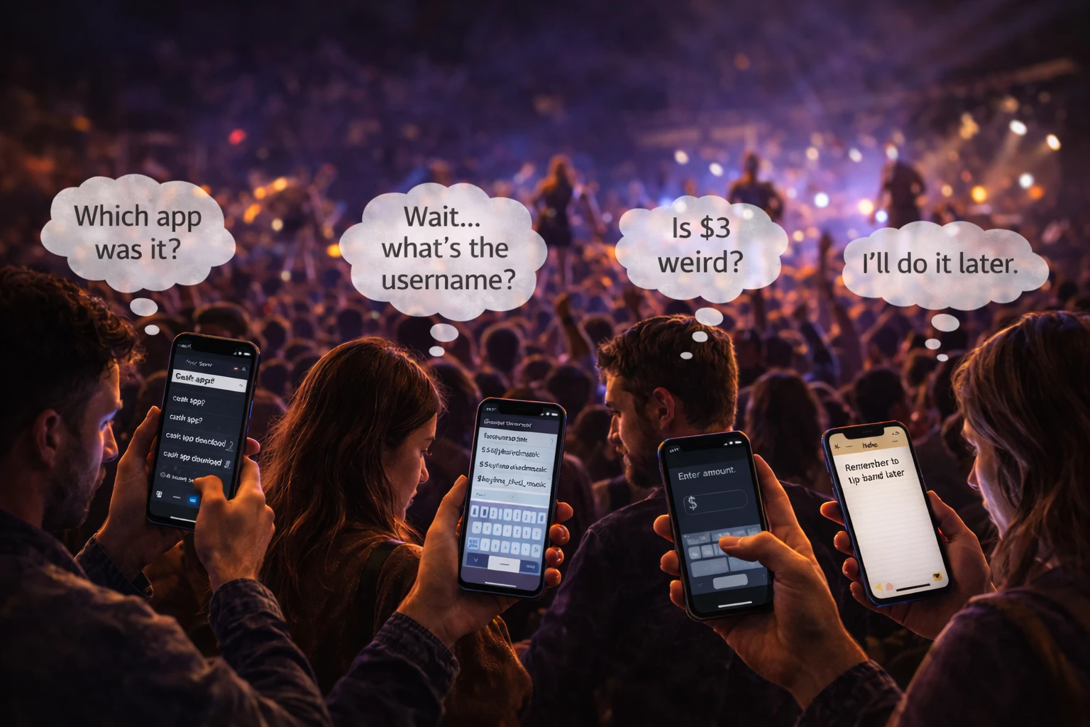 Fans struggling with mobile payment apps during a live show illustrating tipping friction
